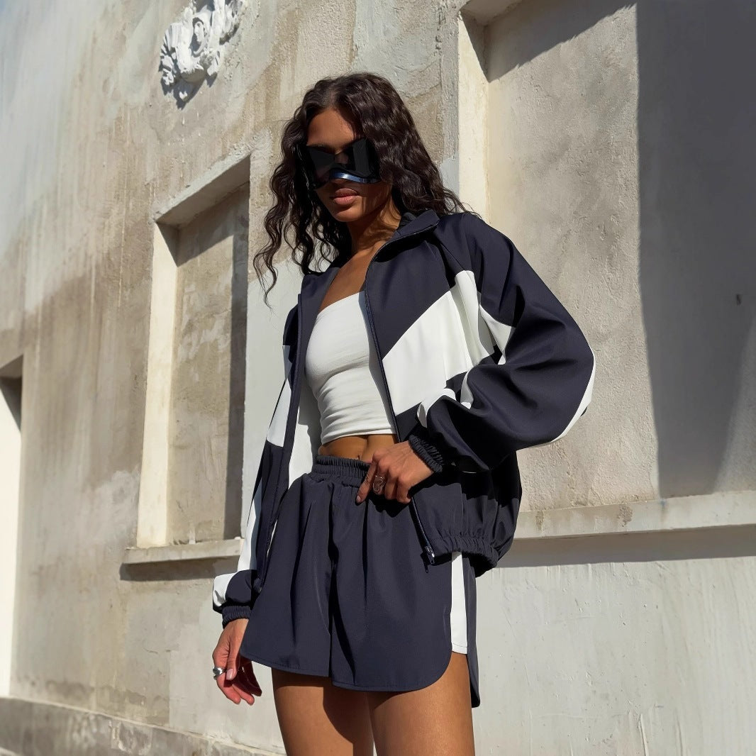 Women's casual athleisure set with windproof short jacket, stand-up collar and elastic high-waist shorts Mune Fashion