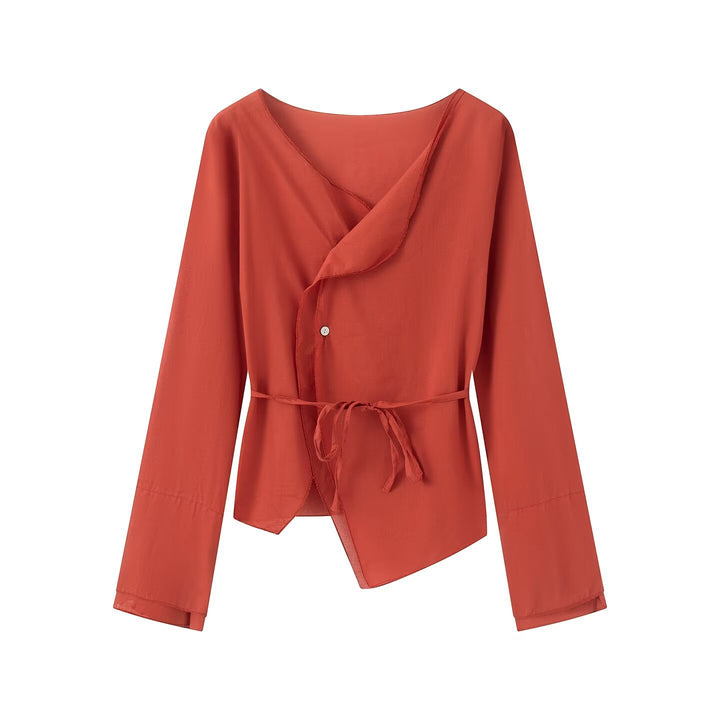 Women's wrap blouse with asymmetrical front, V-neck and tie belt Mune Fashion