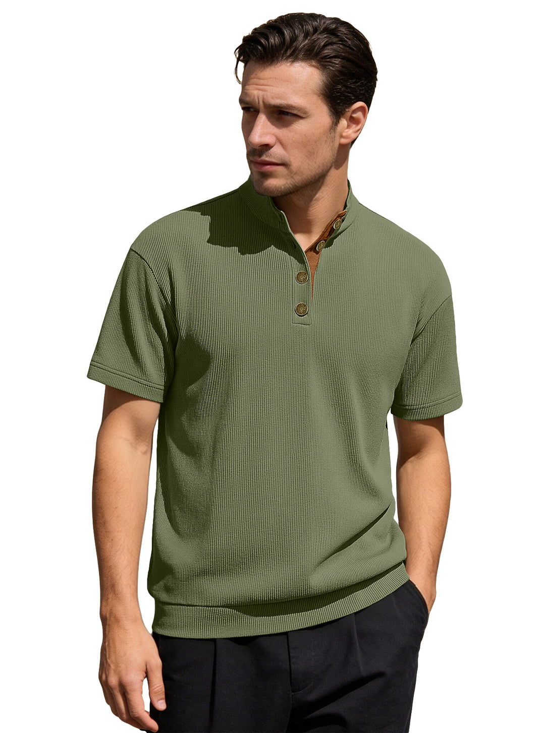 Men's Waffle Structure Short Sleeve Henley with Stand-Up Collar and Decorative Button Placket Mune Fashion