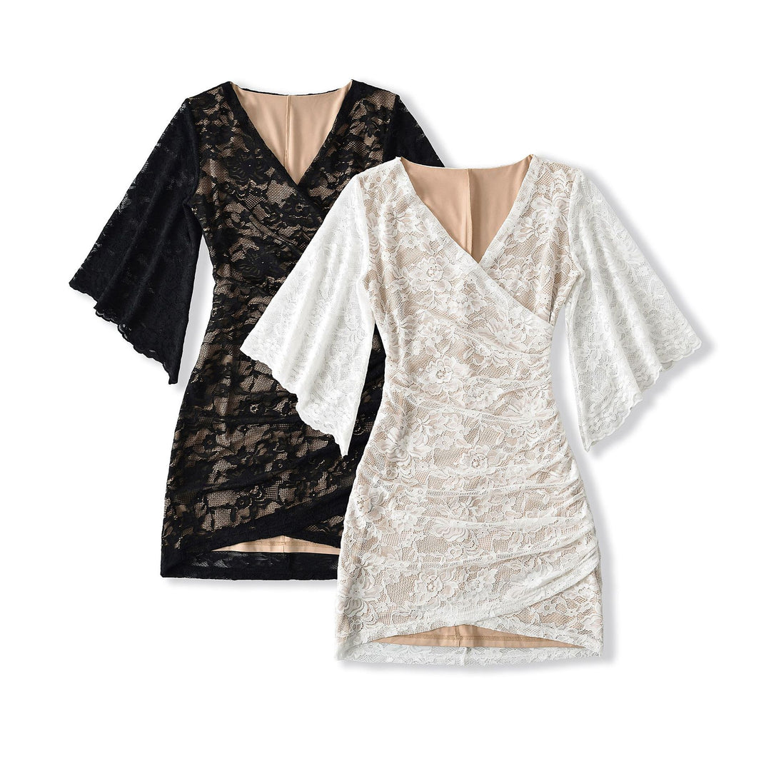 Women's lace wrap dress with trumpet sleeves and gathered silhouette Mune Fashion