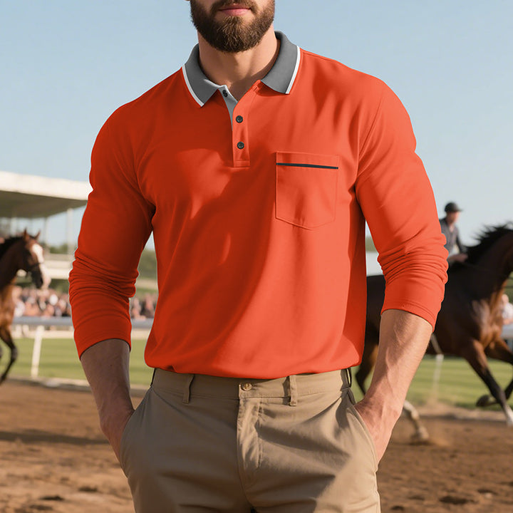 Men's long-sleeved polo shirt with contrast collar, chest pocket, and fine cotton stretch Mune Fashion