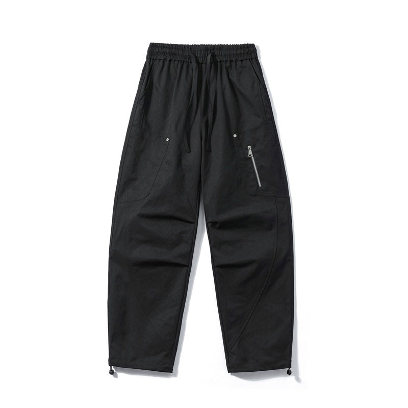 Men's utility cargo pants with elastic waistband, zip pocket, and adjustable hem.