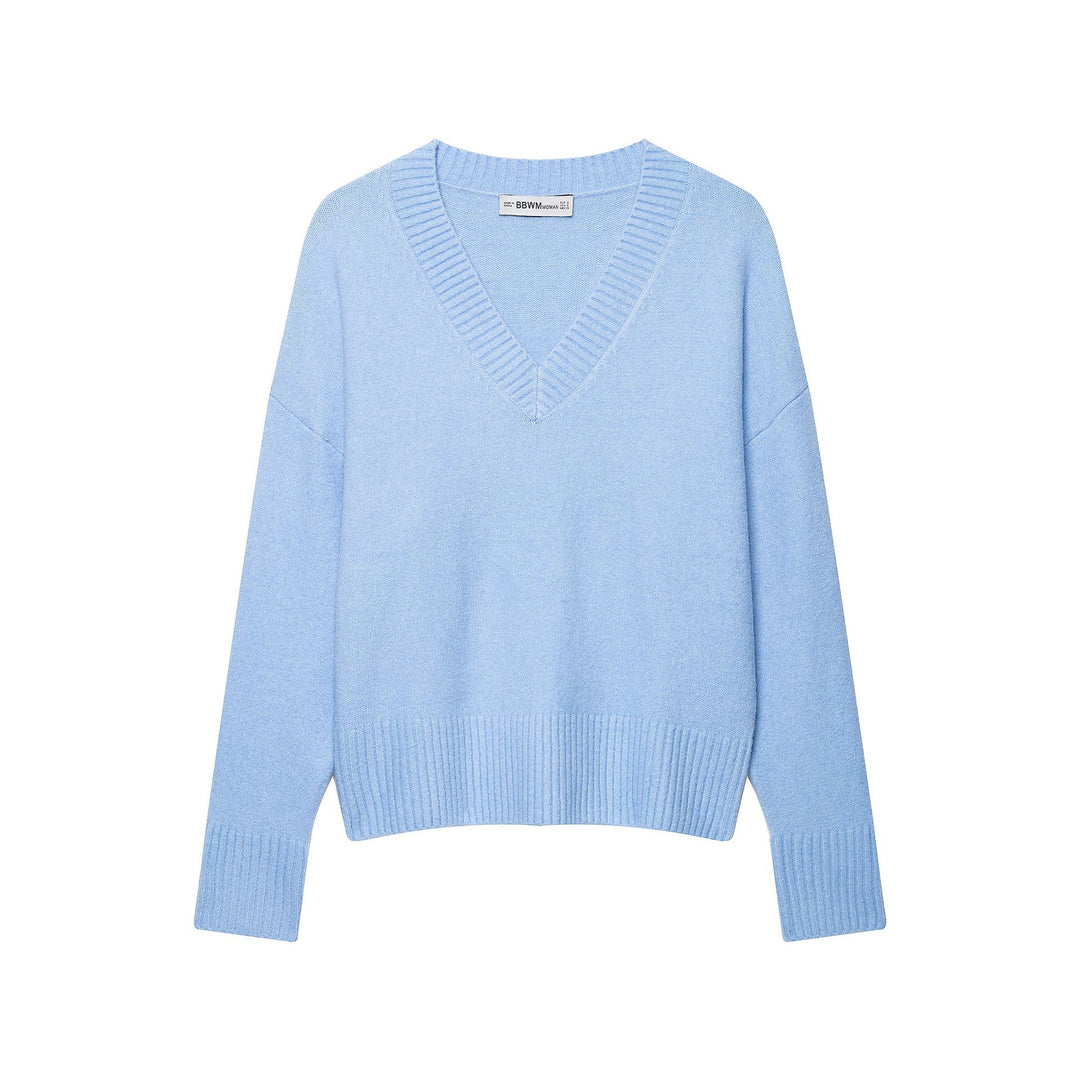 Women Soft V-Neck Knit Sweater in Oversized Cropped Look with Wide Ribbed Hem Mune Fashion