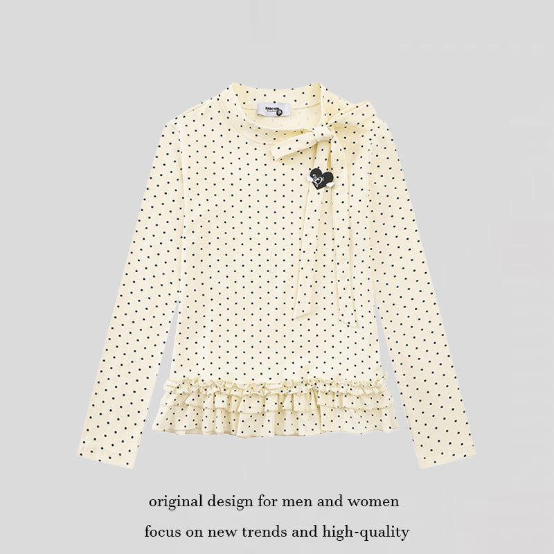Women's long sleeve top with bow collar, polka dot print and double ruffle hem