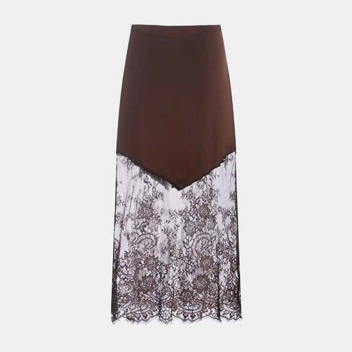 Women's satin skirt with lace overlay and asymmetrical dipped hem Mune Fashion
