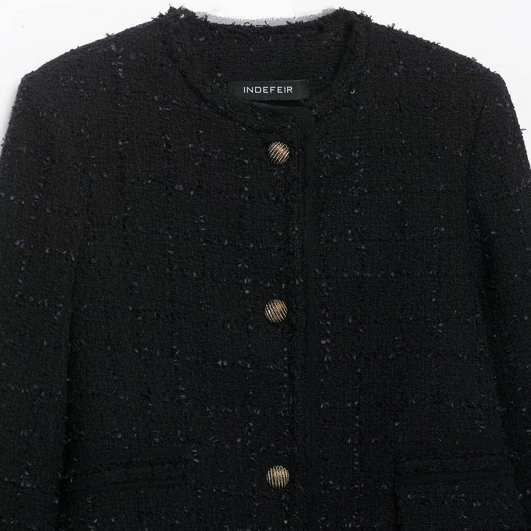 Women's Short Bouclé Tweed Jacket without Collar with Gold Decorative Buttons Mune Fashion