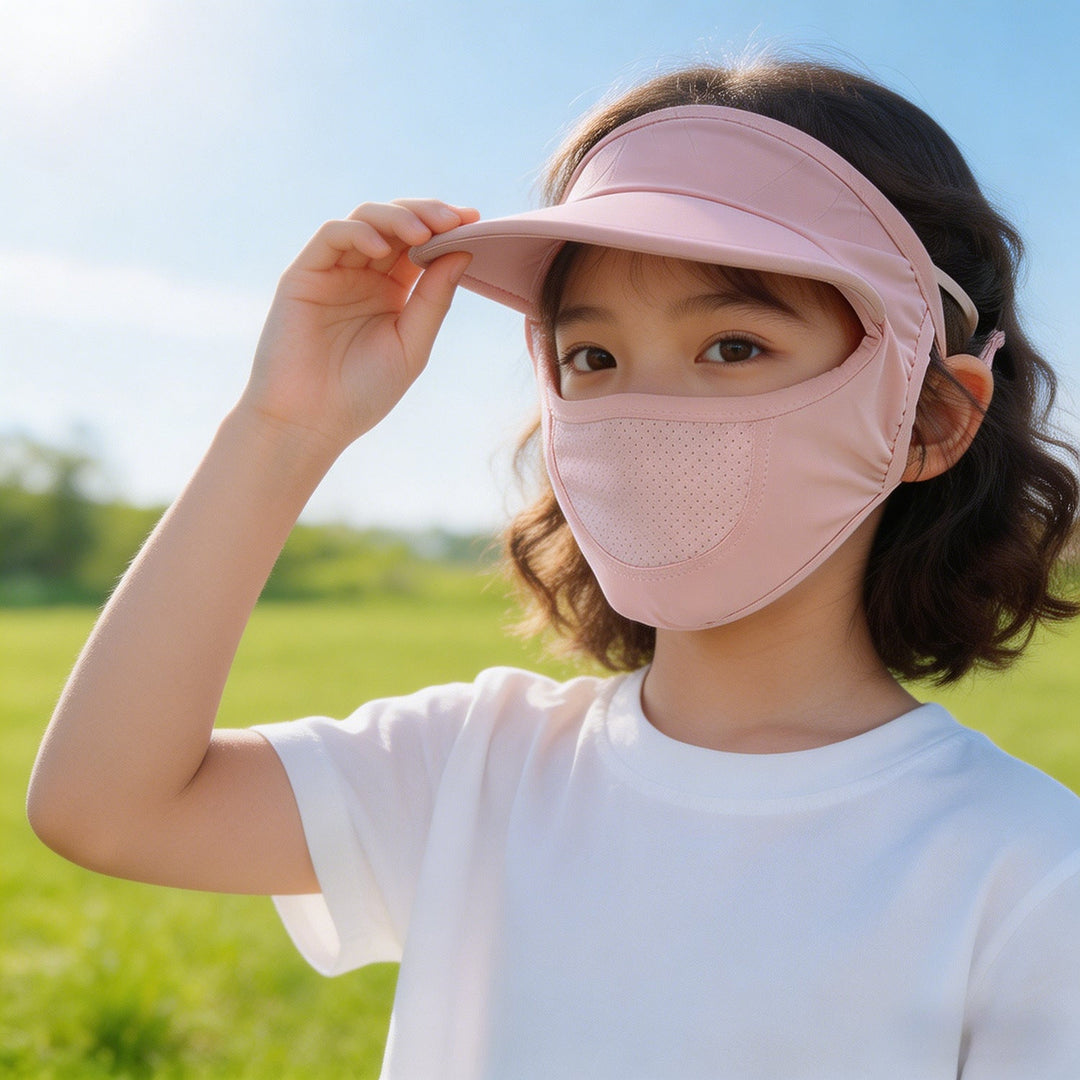 Unisex nan children's sun visor with integrated breathable face mask, adjustable neck strap, and perforated chin area Mune Fashion