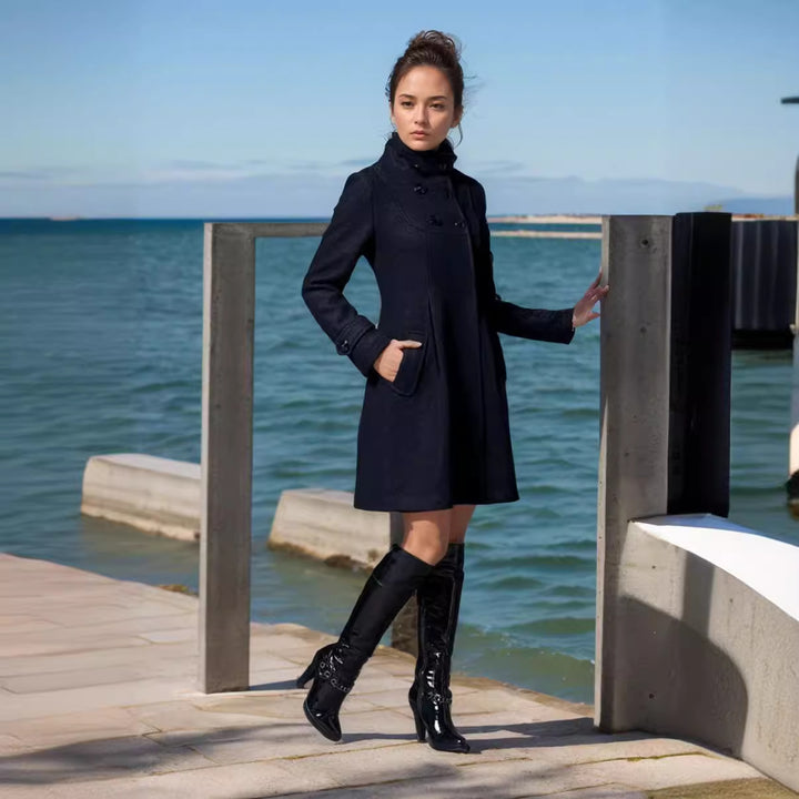 Women Tailored Wool Blend Coat with High Stand-Up Collar and A-Line Silhouette Mune Fashion