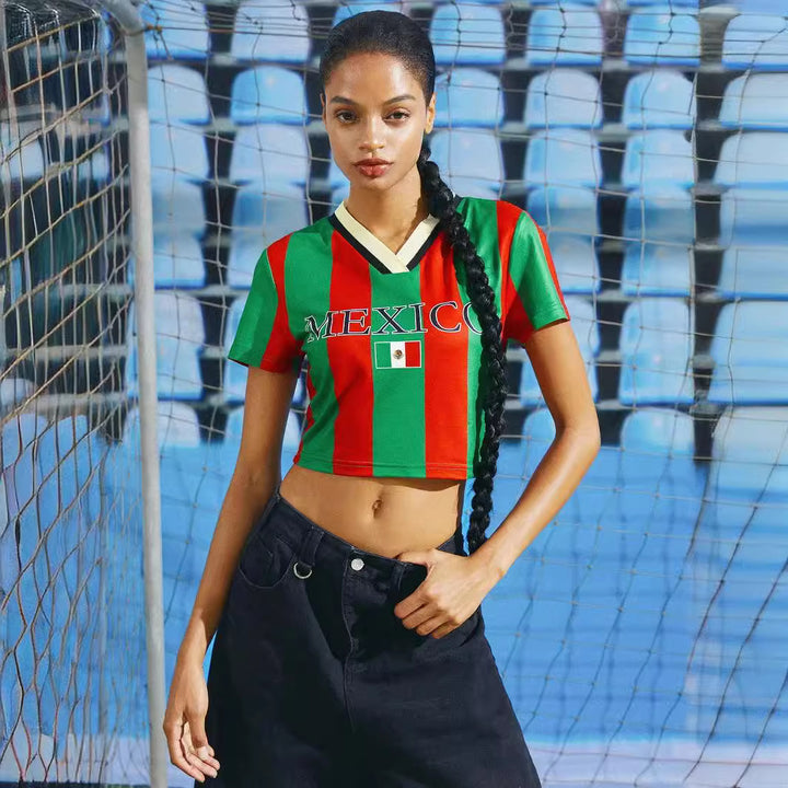 Ladies non-belly-free retro football jersey with MEXICO lettering and flag patch Mune Fashion