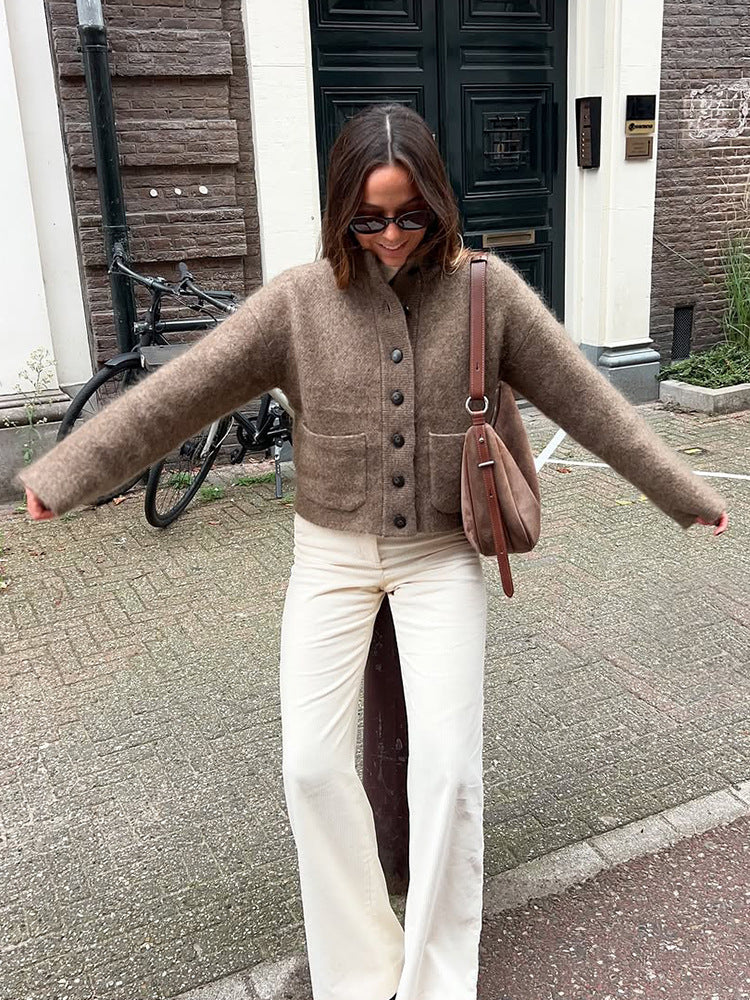 Women's short jacket made of fluffy mohair mix with button placket & patch pockets Mune Fashion