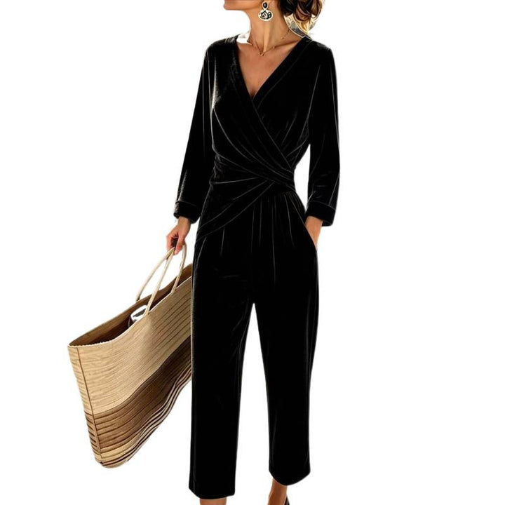 Women's velvet jumpsuit with wrap top, tailored draping, and wide ankle-length leg Mune Fashion