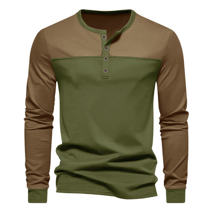 Men's long-sleeved Henley shirt with contrasting yoke, short button placket, and ribbed cuffs Mune Fashion