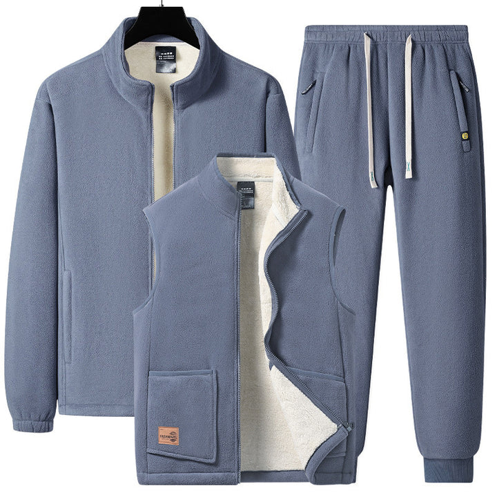 Men's three-piece fleece set with padded vest, stand-up collar jacket, and joggers Mune Fashion