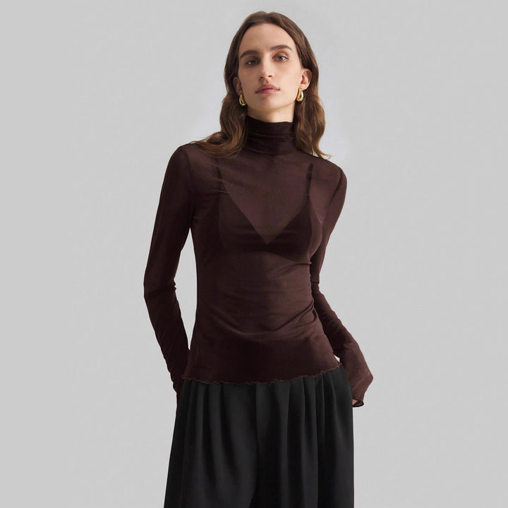 Women's fine transparent mesh long-sleeve top with turtleneck and fitted shape Mune Fashion
