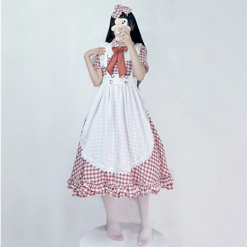 Women's Nano Vintage-Inspired Lolita Dress with Checkered Pattern Ruffles and Removable Apron Mune Fashion