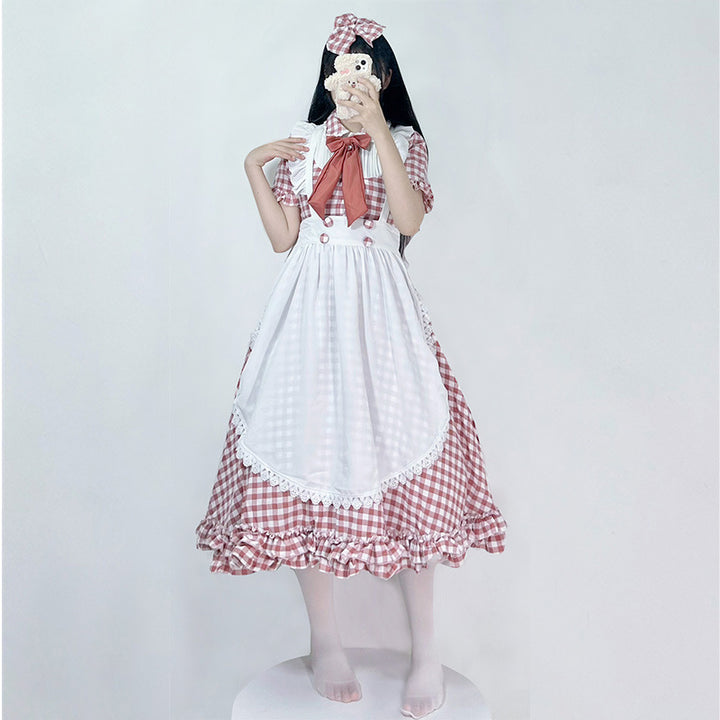 Women's Nano Vintage-Inspired Lolita Dress with Checkered Pattern Ruffles and Removable Apron Mune Fashion