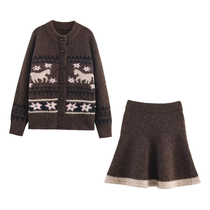 Women's Two-Piece Knit Set with Norwegian Pattern Cardigan and Flared Skirt Mune Fashion