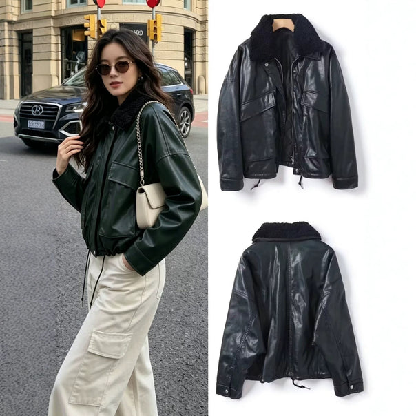 Men's leather bomber jacket with teddy collar Mune Fashion