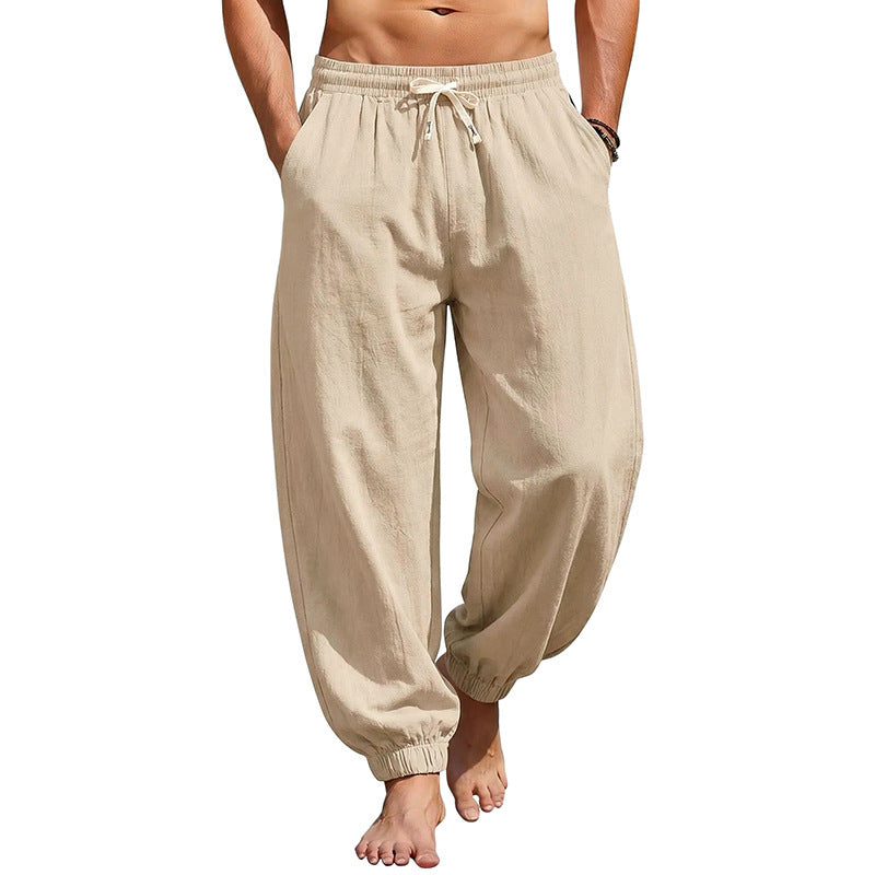 Men's relaxed harem pants made of linen blend with elastic drawstring waistband and gathered ankle closures Mune Fashion