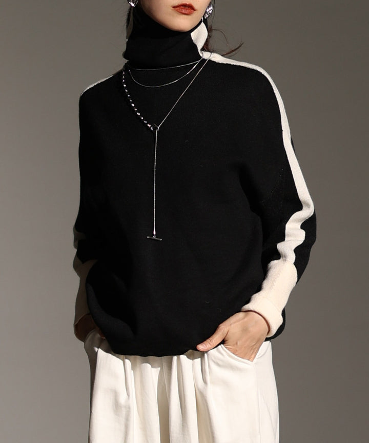 Women's Roll Neck Fine Knit Sweater with Wide Raglan Sleeves and Contrast Stripes Mune Fashion