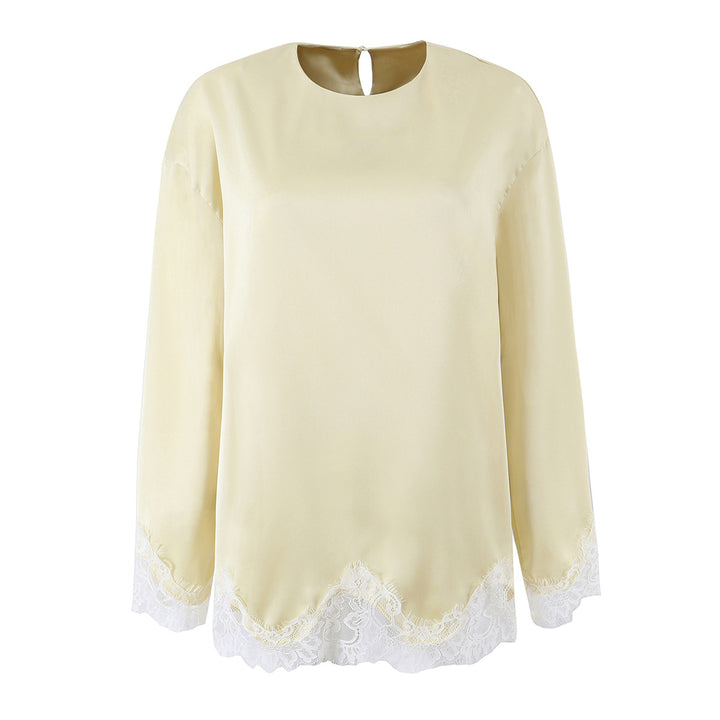 Women Silk Long Sleeve Shirt with Lace Trim at Hem and Cuffs Mune Fashion
