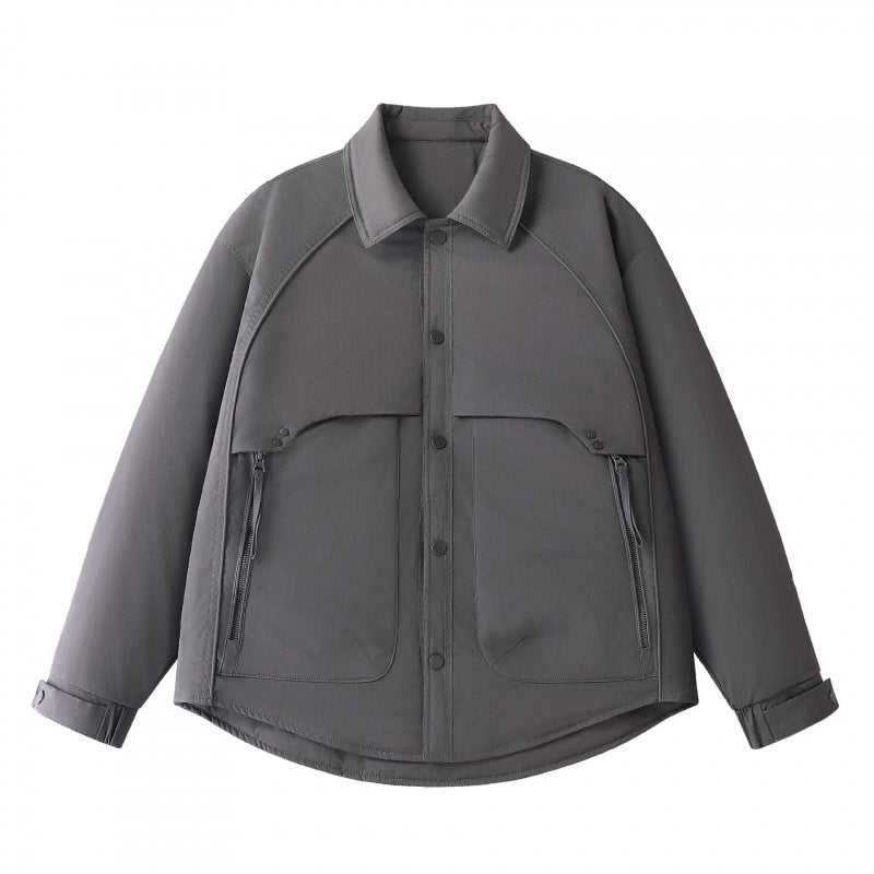 Men's Padded Shirt Jacket with Curved Hem, Zip Pockets, and Snap Placket Mune Fashion