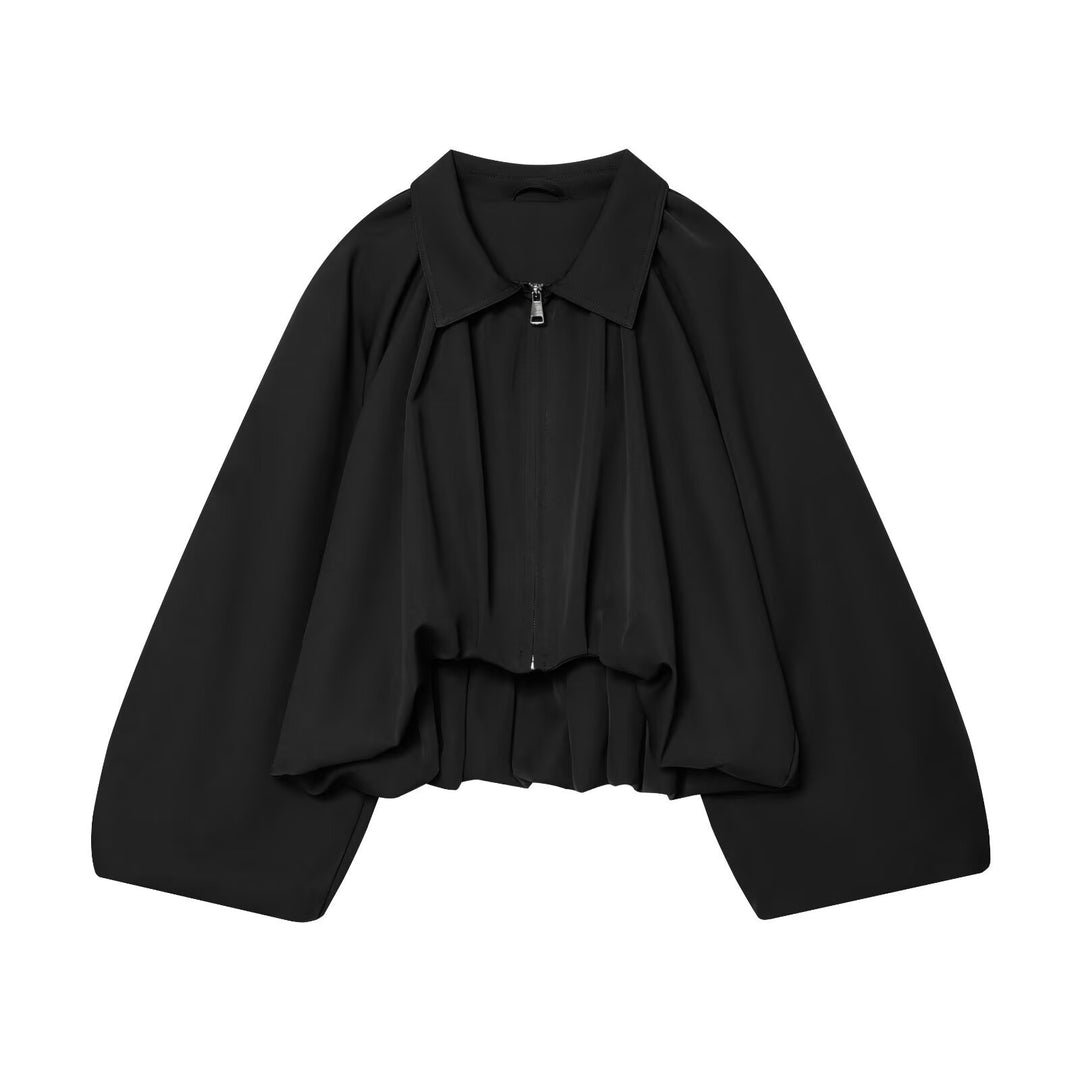 Women's short cut blouson jacket with wide balloon sleeves, zipper, and elastic hem Mune Fashion