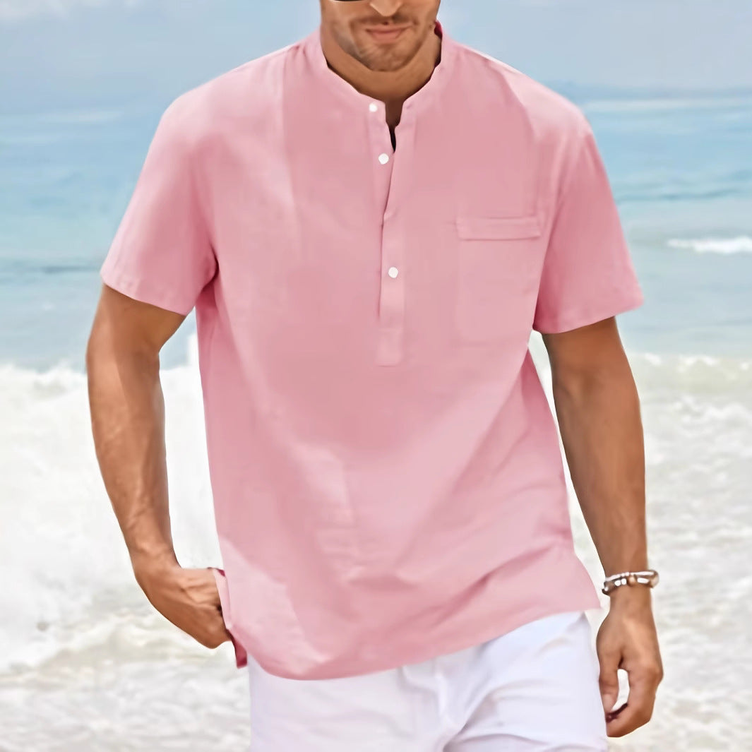Men's Comfortable Short Sleeve Shirt with Stand Collar Mune Fashion