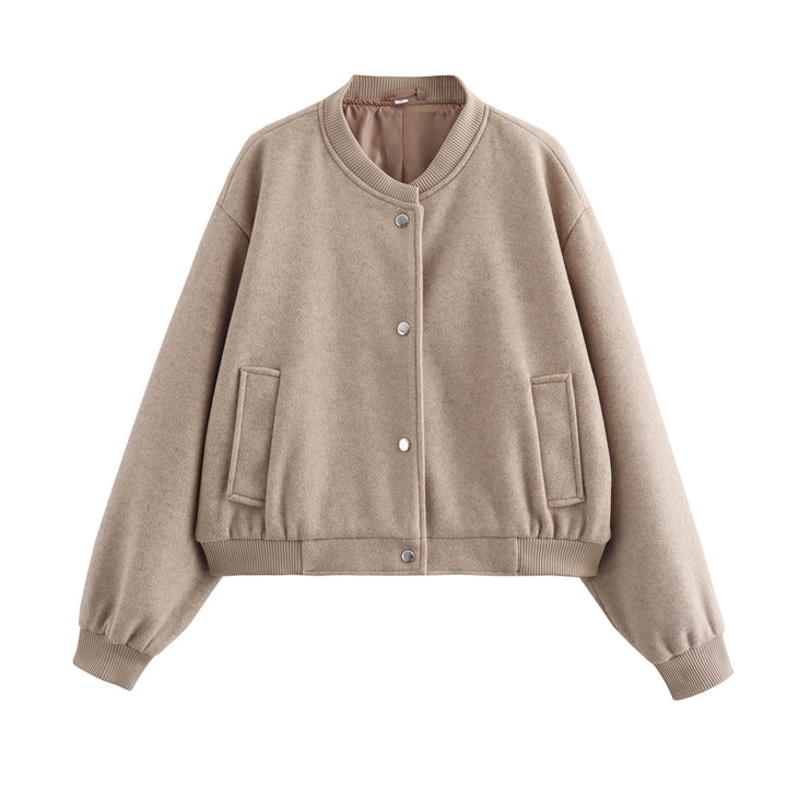 Women’s Oversized Bomber Jacket in Wool Blend with Snap Closure and Ribbed Hem Mune Fashion