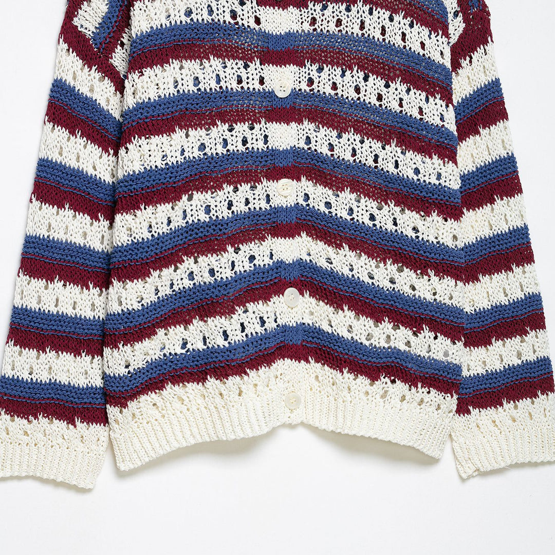 Women's Crocheted Cropped Knit Cardigan with Lace Knit, Contrast Stripes, and Mother of Pearl Buttons Mune Fashion