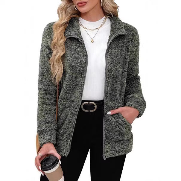 Women fluffy teddy fleece jacket with full zip, stand-up collar and side pockets Mune Fashion
