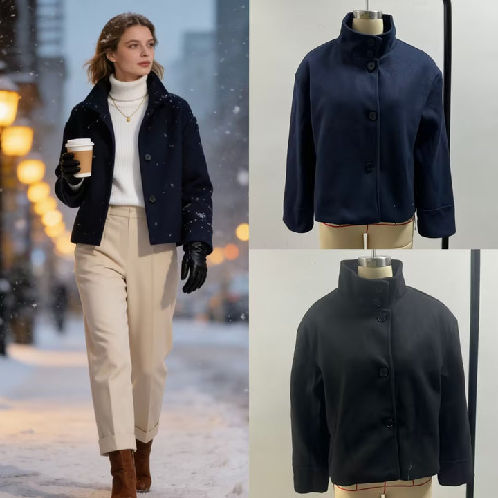Women's Boxy Short Jacket with High Stand Collar and Concealed Button Placket Mune Fashion