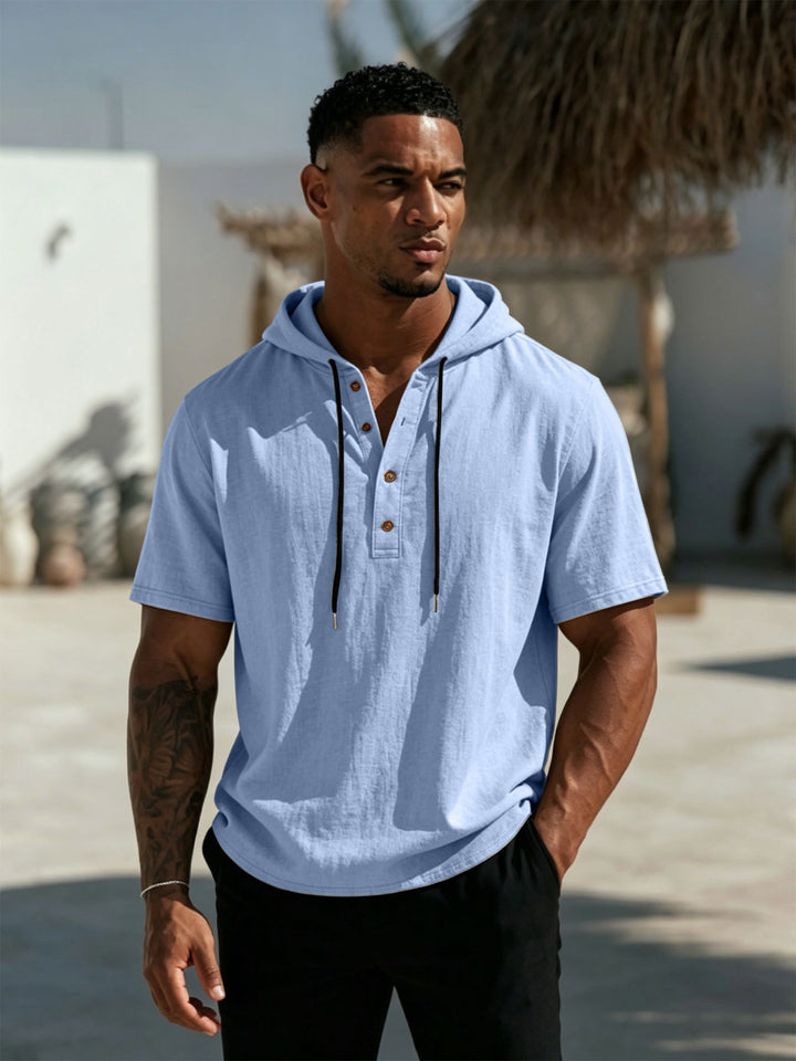 Men's Short Sleeve Hoodie Henley in Linen Look with Button Placket Mune Fashion