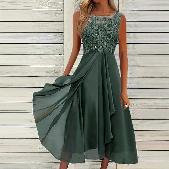 Women's sleeveless chiffon midi dress with embroidered illusion lace, boat neckline, and multilayer flared skirt Mune Fashion