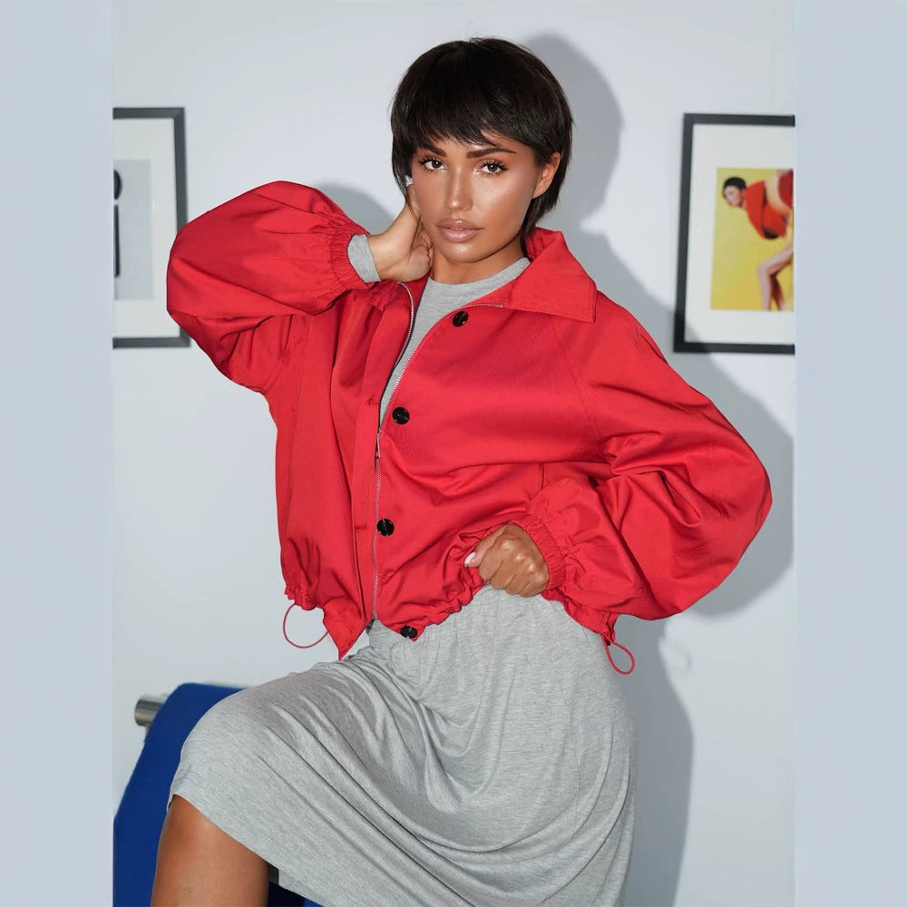 Women's Short Boxy Bomber Jacket with Drawstring and Balloon Sleeves Mune Fashion