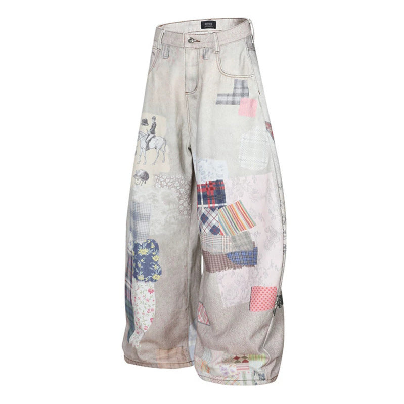 Women's Wide High-Waist Culotte Jeans with Patchwork Print and Balloon Silhouette Mune Fashion