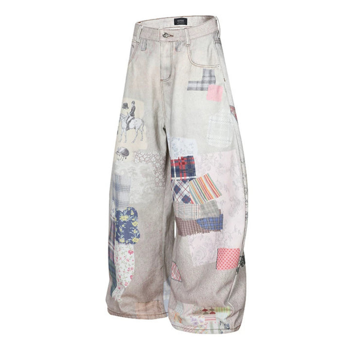 Women's Wide High-Waist Culotte Jeans with Patchwork Print and Balloon Silhouette Mune Fashion