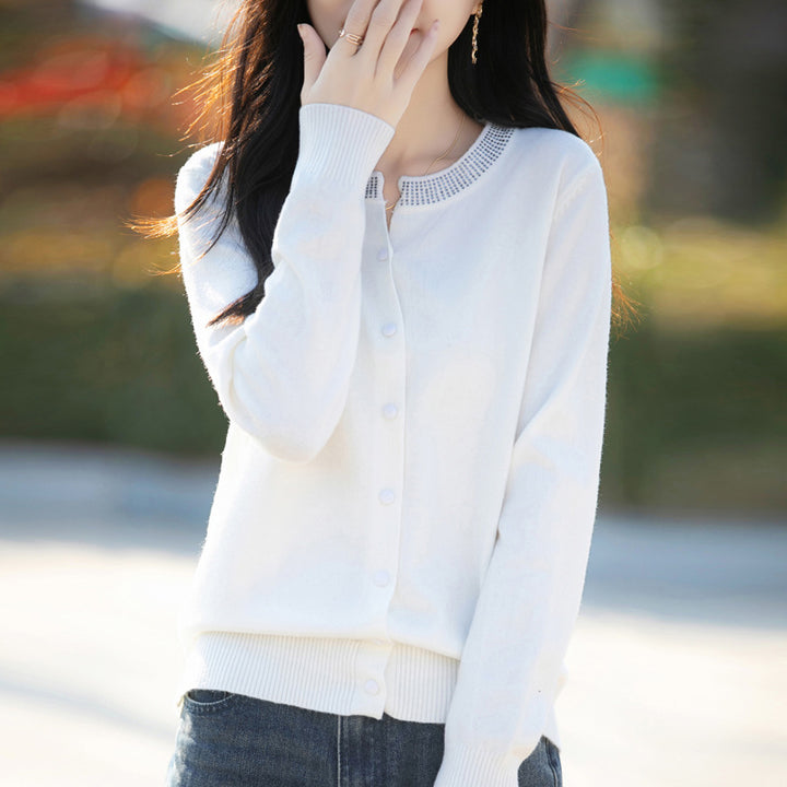 Women Short Cardigan made of ultra-fine cotton mix with sparkling crystal edge and tone-on-tone button placket Mune Fashion