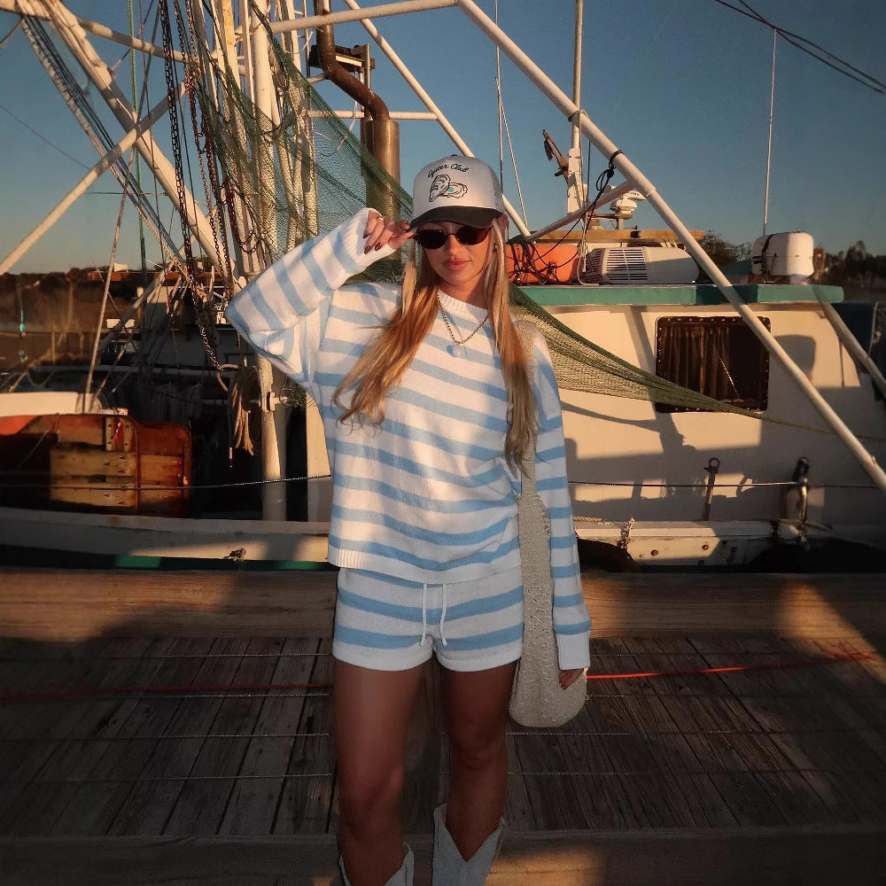 Women striped knit loungewear set with wide sweater and drawstring shorts Mune Fashion