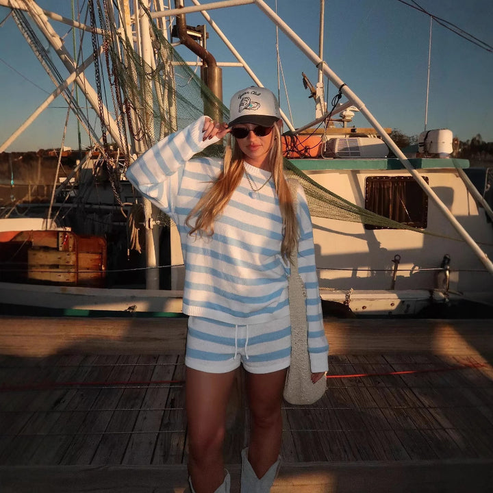 Women striped knit loungewear set with wide sweater and drawstring shorts Mune Fashion