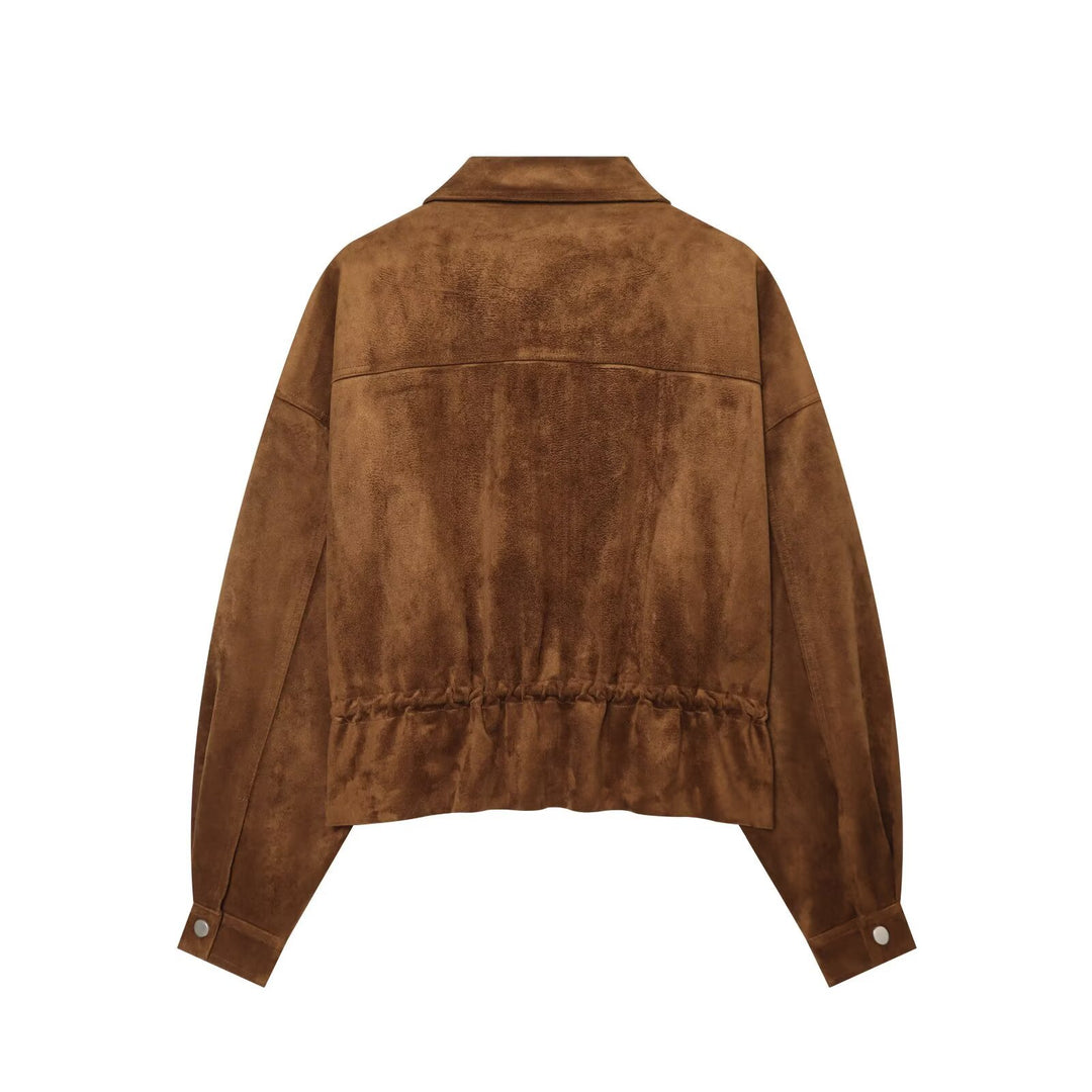 Women's Suede-Look Bomber Jacket with Drawstring and Chest Pockets Mune Fashion
