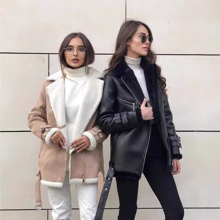 Women Oversized Faux Leather Pilot Jacket with Teddy Fur Lining and Buckles Mune Fashion