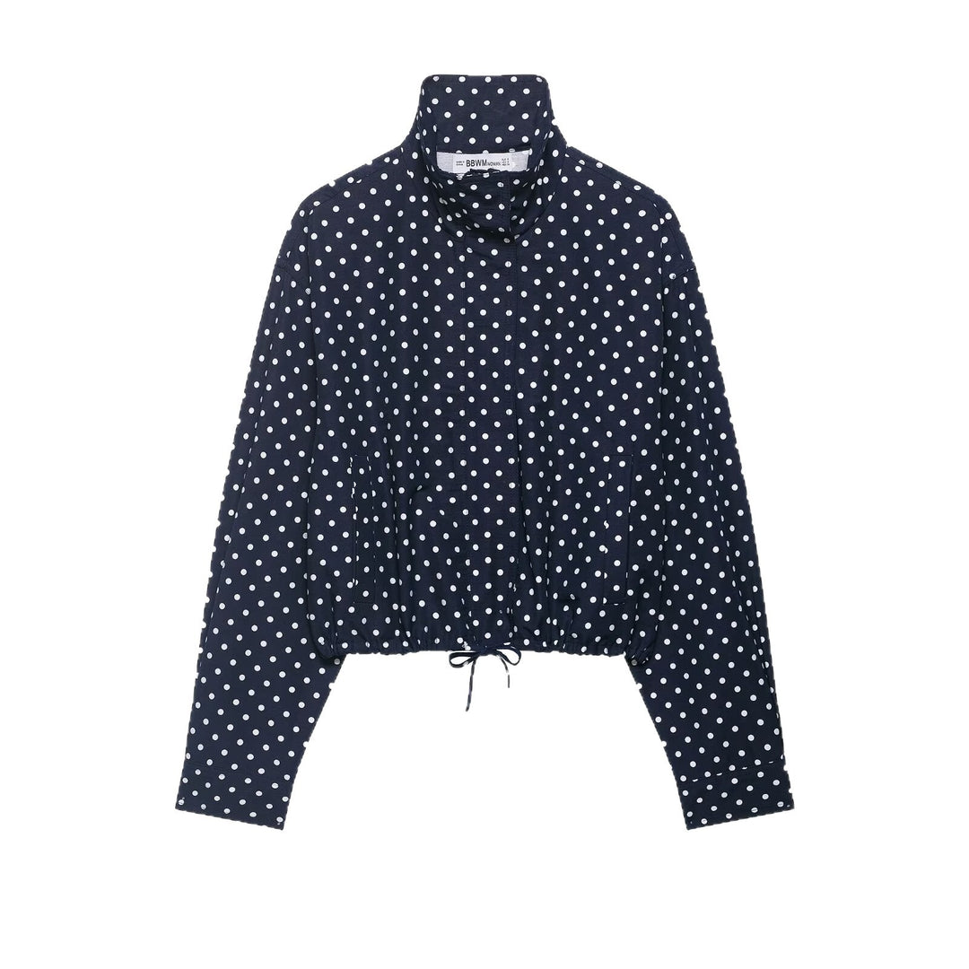 Women's Polka Dot Cropped Blouse Jacket with Stand Collar, Drawstring and Side Pockets Mune Fashion