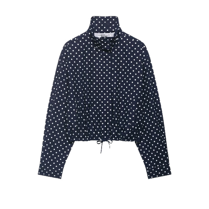 Women's Polka Dot Cropped Blouse Jacket with Stand Collar, Drawstring and Side Pockets Mune Fashion