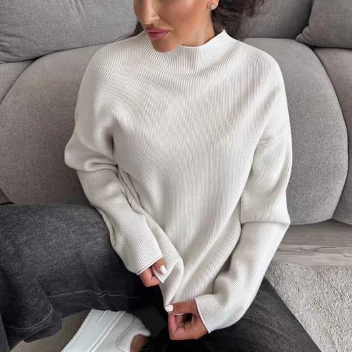 Women's Oversize Fine Knit Sweater with Stand-Up Collar and Ribbed Texture Mune Fashion