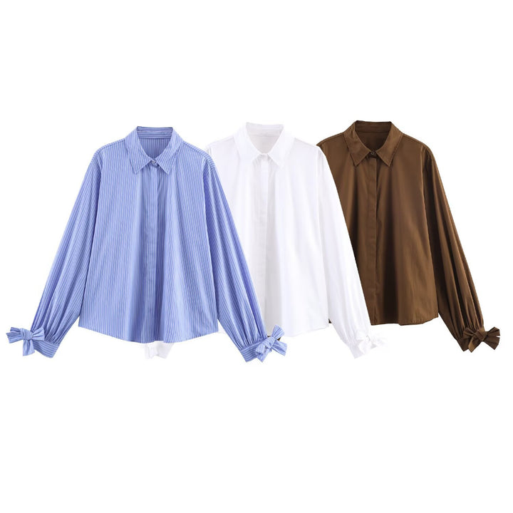 Women's oversized shirt blouse with classic collar, balloon sleeves, and bow cuffs Mune Fashion