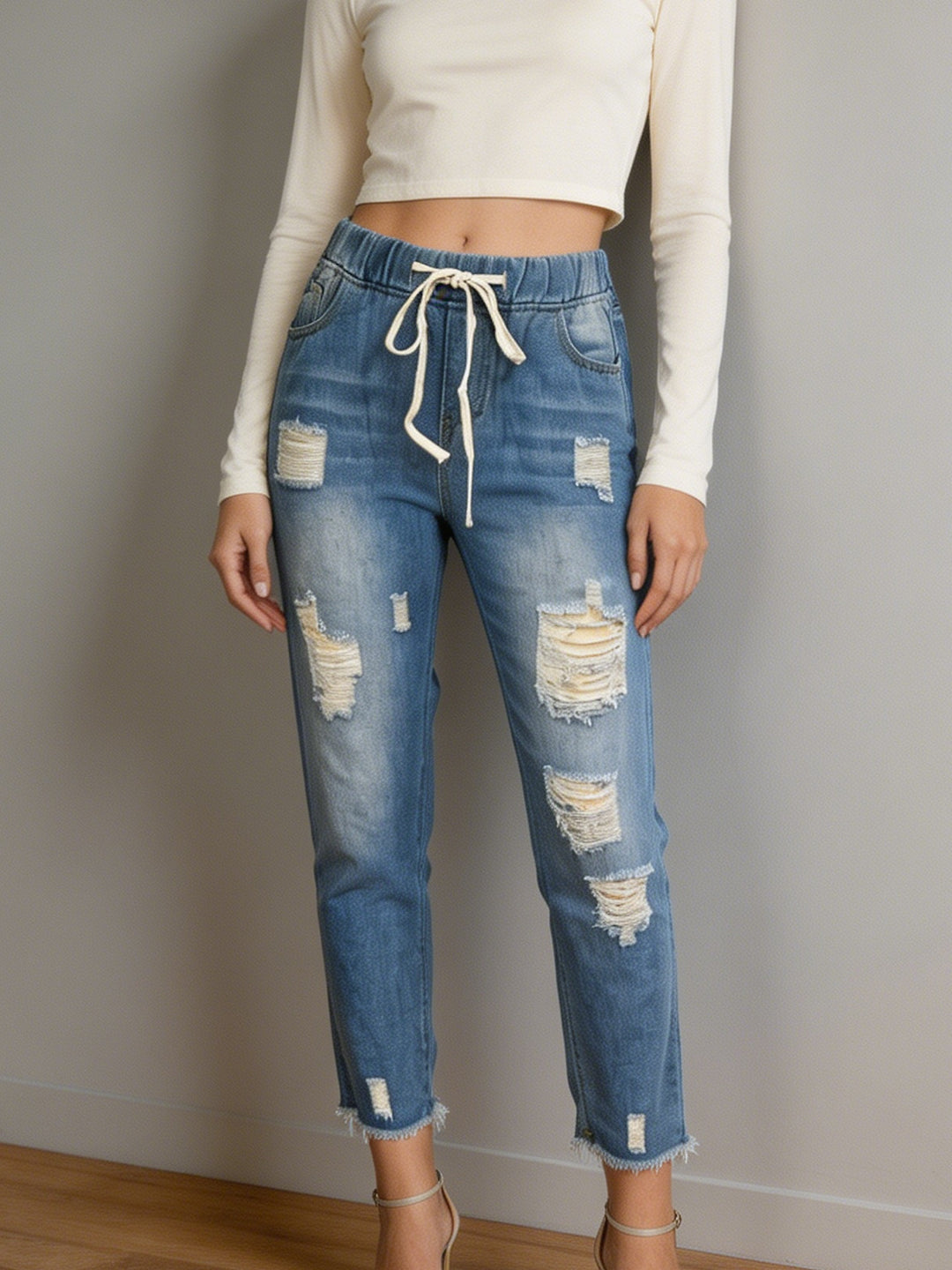 Women nan loose Destroyed-Denim Jogger with elastic drawstring waistband and frayed ankle hem Mune Fashion