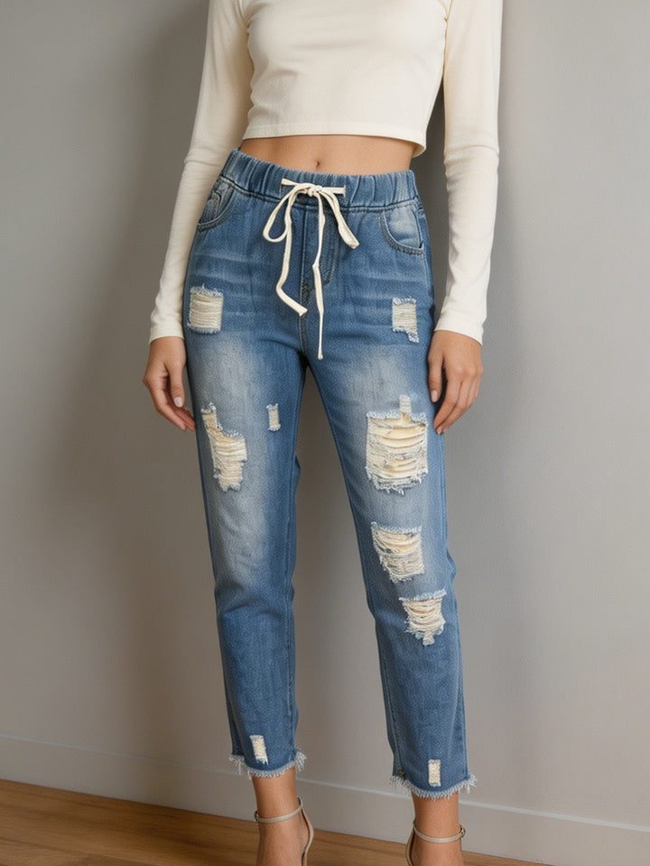 Women nan loose Destroyed-Denim Jogger with elastic drawstring waistband and frayed ankle hem Mune Fashion