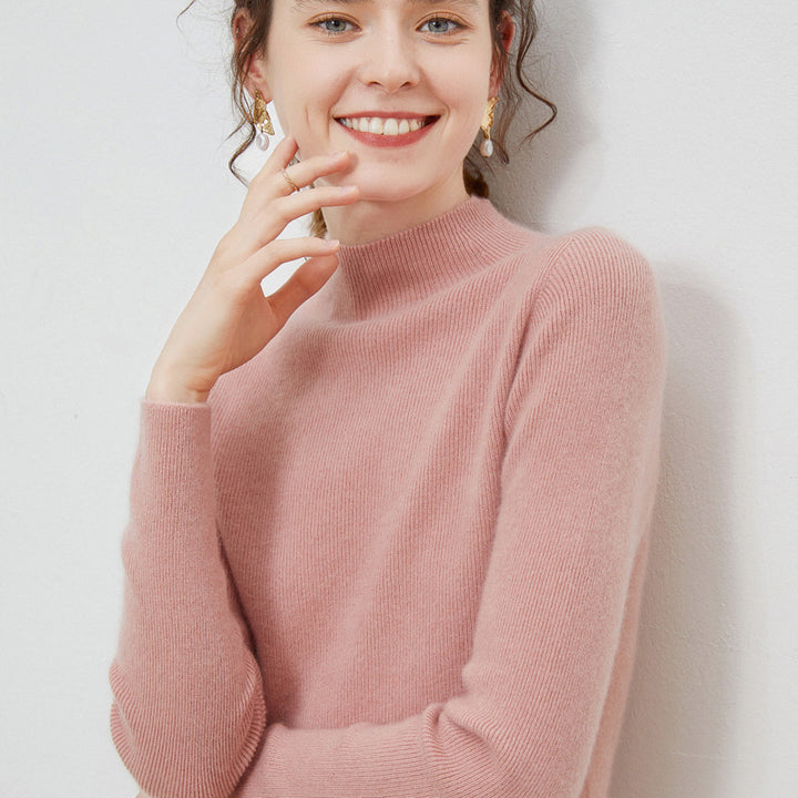 Women Lightweight fitted mock neck pullover in cashmere-like mohair look with fine ribbed texture Mune Fashion