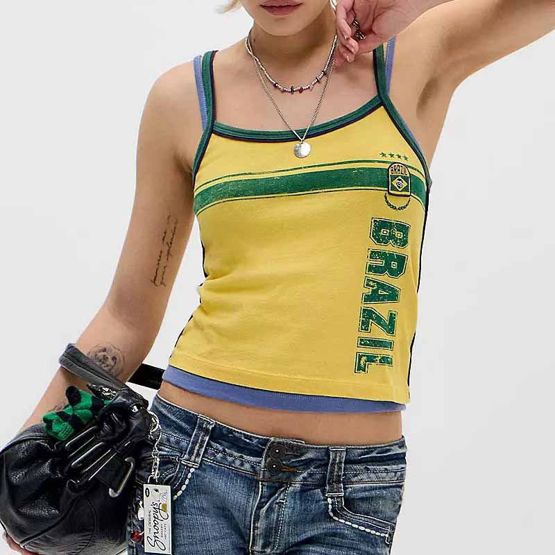 Ladies' figure-hugging cropped top with double straps and vintage Brazil print Mune Fashion